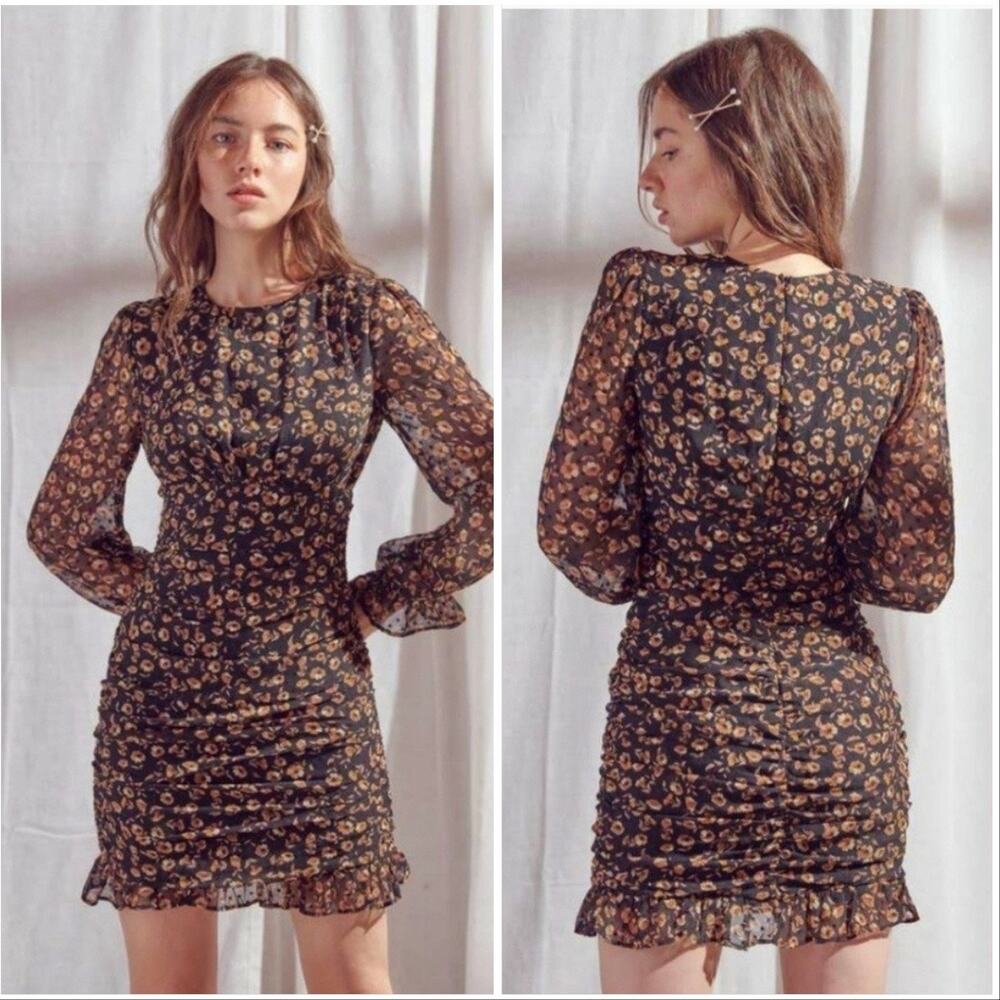 NEW STORIA Black Peach White Floral Ruffle Sheer Sleeve $148 Mini LBD Dress L